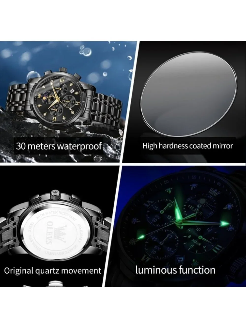 Men's Black Diamond Analog Quartz Stainless Waterproof Luminous Classic Watch